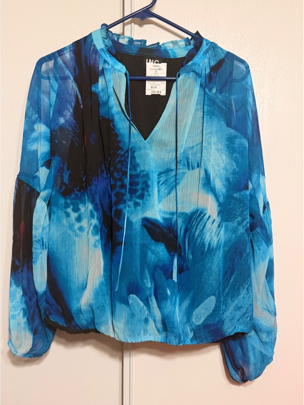 INC International Concepts Women's Blue Abstract Print Sheer Blouse Size L